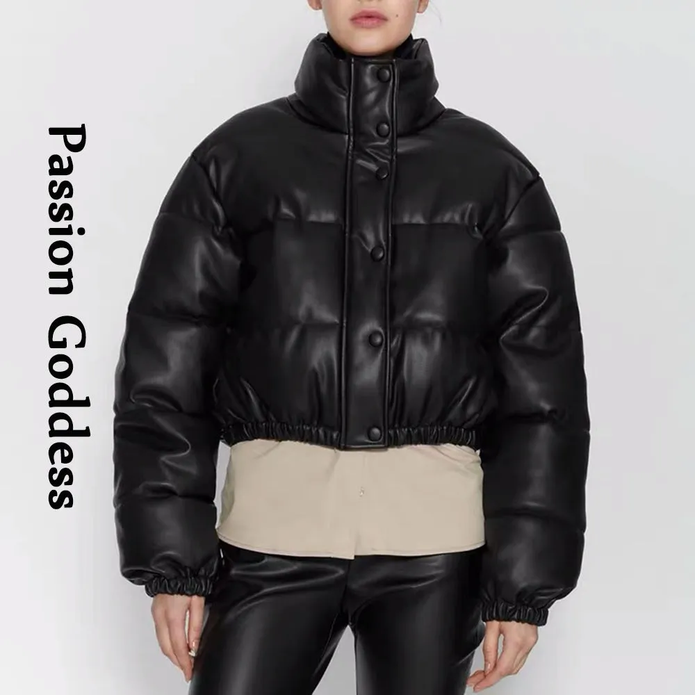 cold weather outfits Joskaa Winter Women Faux Leather Parkas Jacket Stand Collar Warm Bubble Coat Down Parka Puffer Jackets Outwear Cropped Parka Mujer 2020