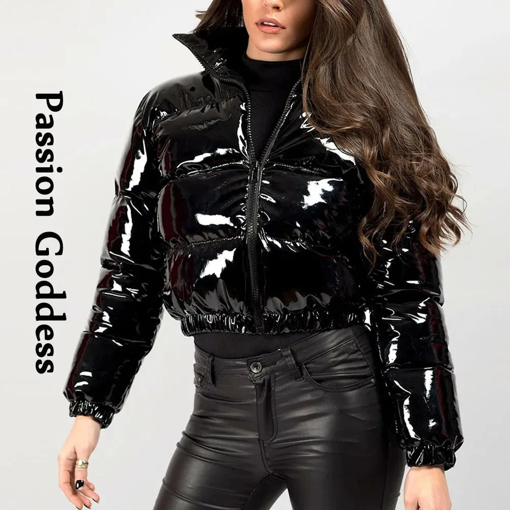 cold weather outfits Joskaa Winter Women Shiny PU Leather Puffer Jackets Thick Cropped Parkas Down Warm Bubble Coats Cute Grey Bright Leather Parka Jacket