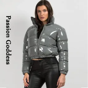 cold weather outfits Joskaa Winter Women Shiny PU Leather Puffer Jackets Thick Cropped Parkas Down Warm Bubble Coats Cute Grey Bright Leather Parka Jacket