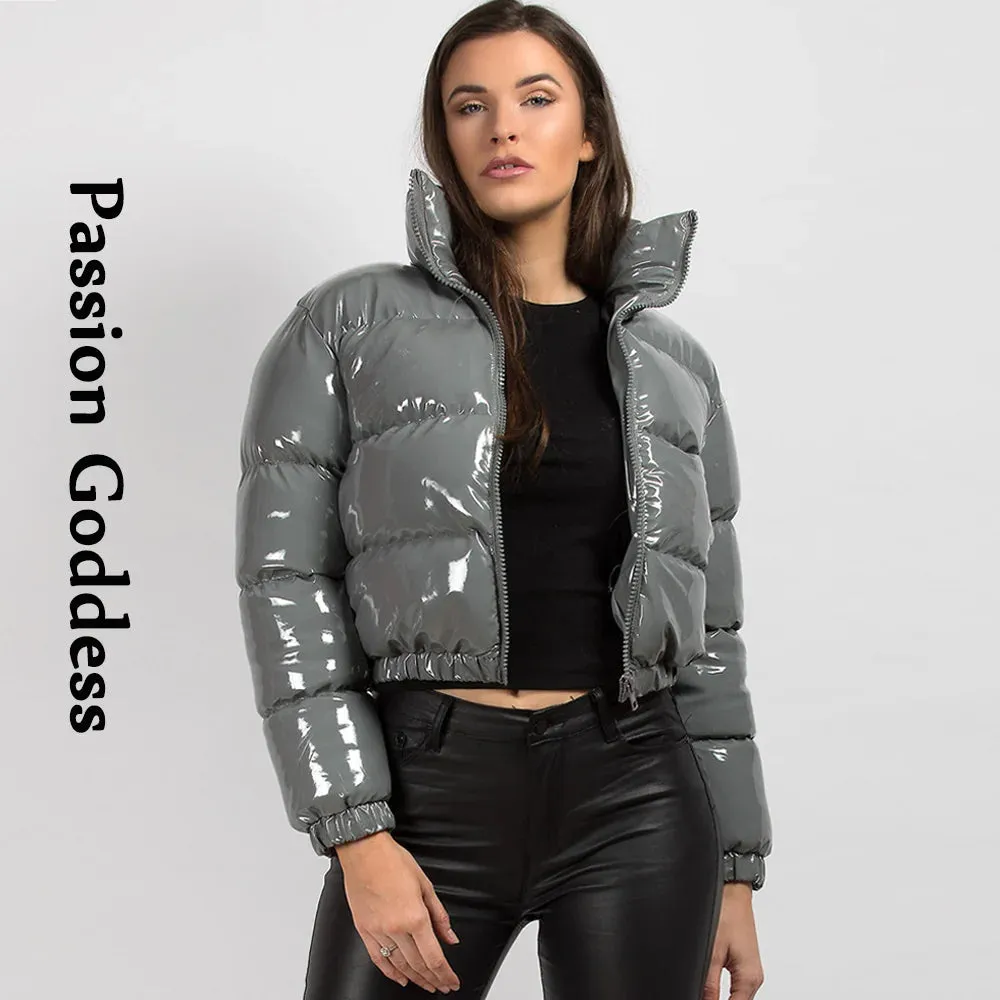 cold weather outfits Joskaa Winter Women Shiny PU Leather Puffer Jackets Thick Cropped Parkas Down Warm Bubble Coats Cute Grey Bright Leather Parka Jacket