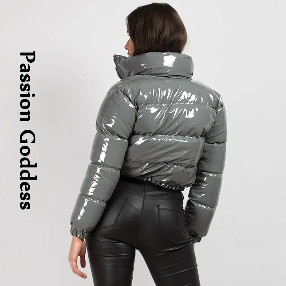 cold weather outfits Joskaa Winter Women Shiny PU Leather Puffer Jackets Thick Cropped Parkas Down Warm Bubble Coats Cute Grey Bright Leather Parka Jacket