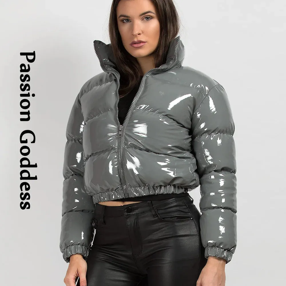 cold weather outfits Joskaa Winter Women Shiny PU Leather Puffer Jackets Thick Cropped Parkas Down Warm Bubble Coats Cute Grey Bright Leather Parka Jacket