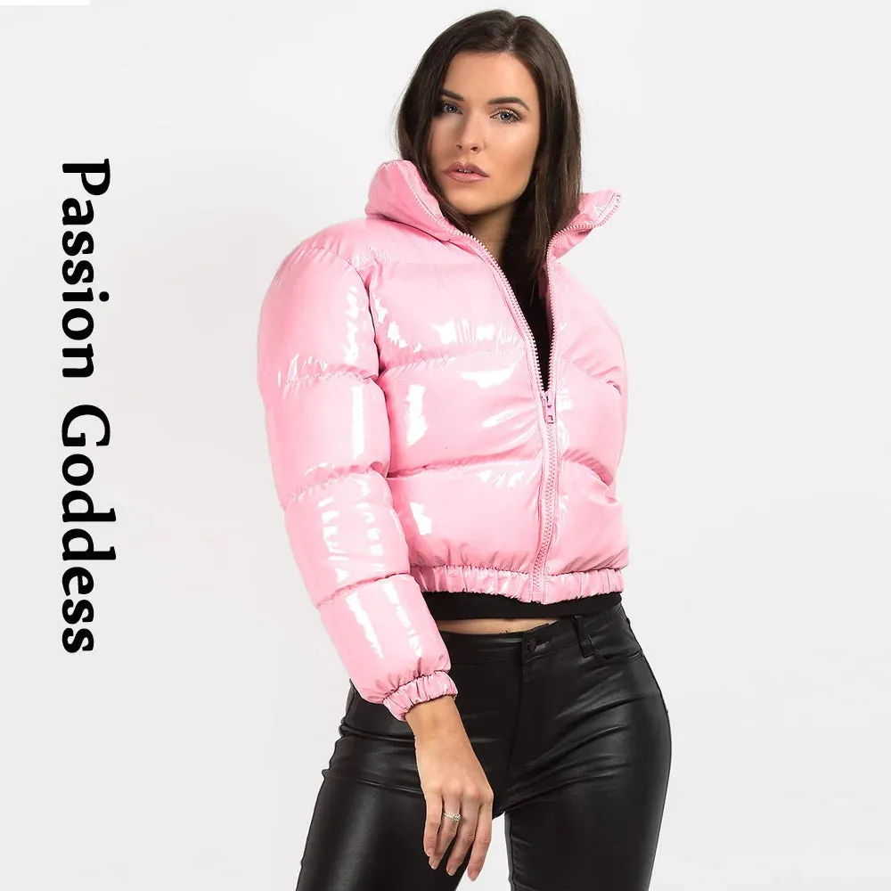 cold weather outfits Joskaa Winter Women Shiny PU Leather Puffer Jackets Thick Cropped Parkas Down Warm Bubble Coats Cute Grey Bright Leather Parka Jacket