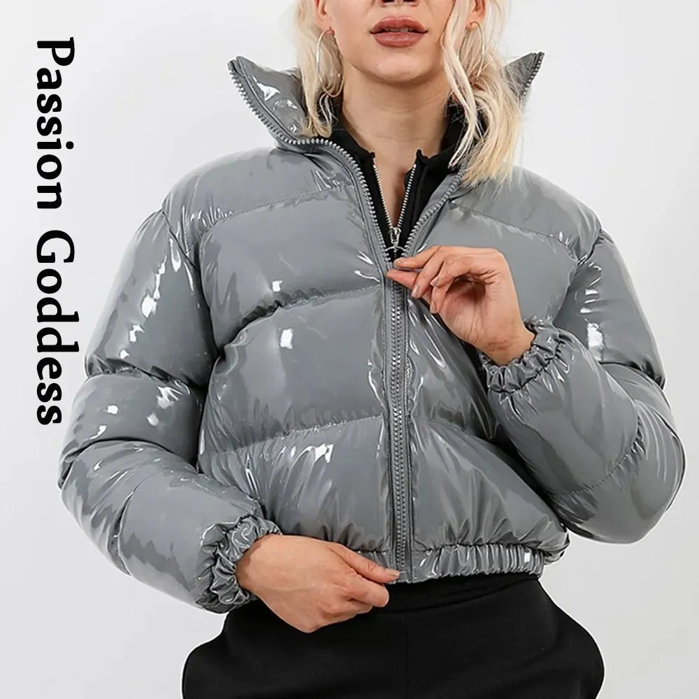 cold weather outfits Joskaa Winter Women Shiny PVC/Vinyl Down Jackets Short Puffer Bomber Jacket Bright Leather PU Cropped Parkas Down Warm Zipper Outcoats