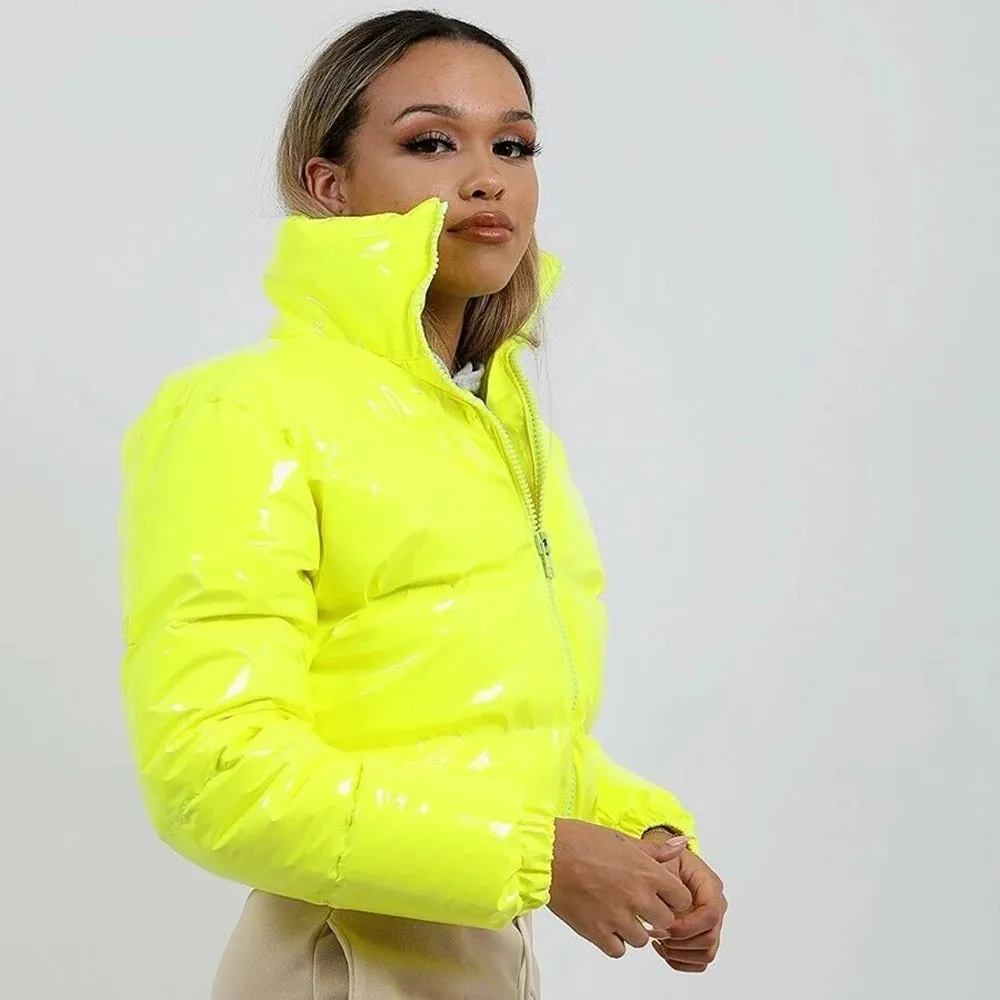 cold weather outfits Joskaa Winter Women Shiny PVC/Vinyl Down Jackets Short Puffer Bomber Jacket Bright Leather PU Cropped Parkas Down Warm Zipper Outcoats