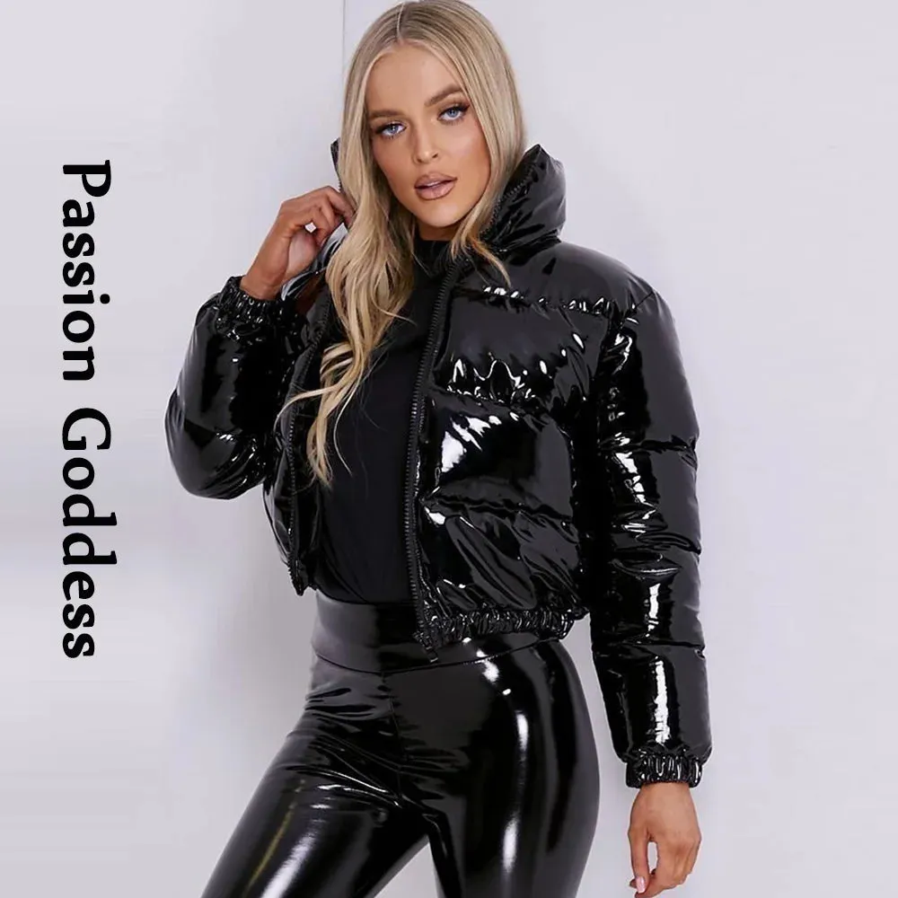 cold weather outfits Joskaa Winter Women Shiny PVC/Vinyl Down Jackets Short Puffer Bomber Jacket Bright Leather PU Cropped Parkas Down Warm Zipper Outcoats