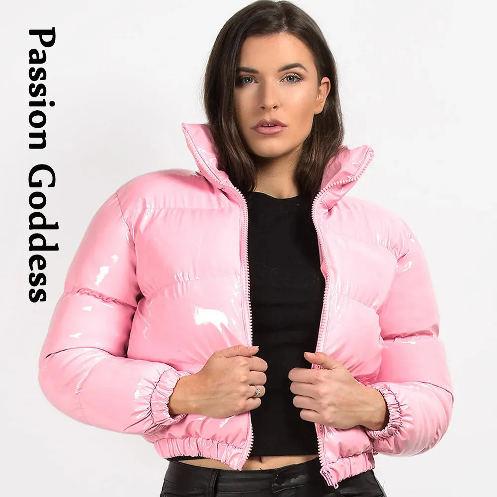 cold weather outfits Joskaa Winter Women Shiny PVC/Vinyl Down Jackets Short Puffer Bomber Jacket Bright Leather PU Cropped Parkas Down Warm Zipper Outcoats