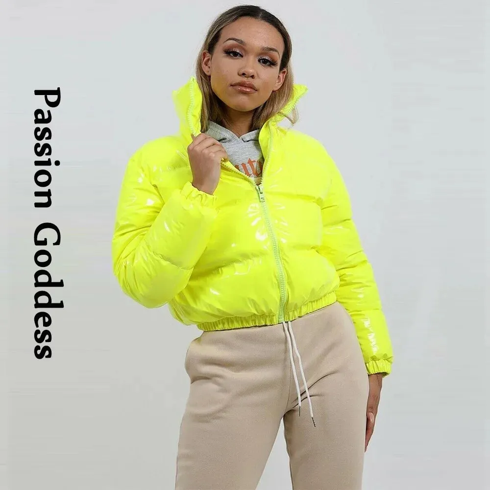 cold weather outfits Joskaa Winter Women Shiny PVC/Vinyl Down Jackets Short Puffer Bomber Jacket Bright Leather PU Cropped Parkas Down Warm Zipper Outcoats