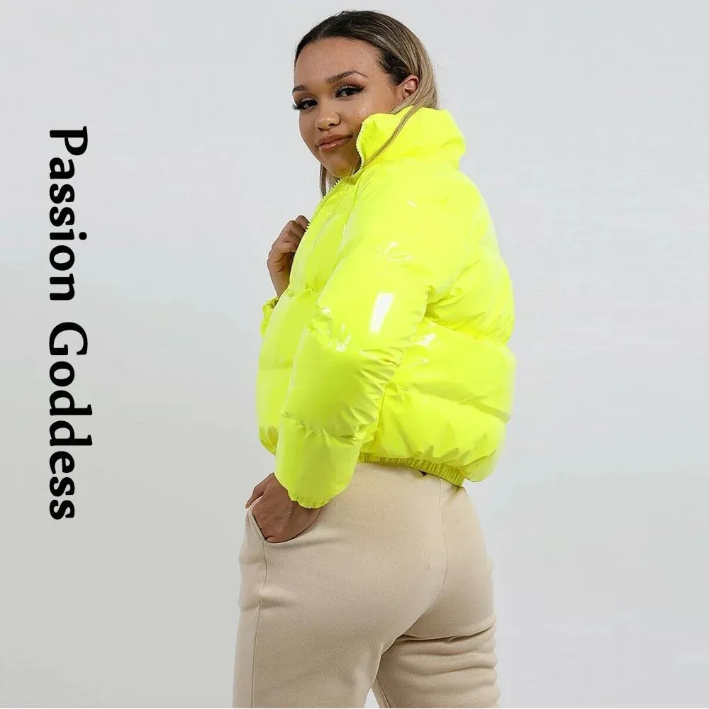 cold weather outfits Joskaa Winter Women Shiny PVC/Vinyl Down Jackets Short Puffer Bomber Jacket Bright Leather PU Cropped Parkas Down Warm Zipper Outcoats