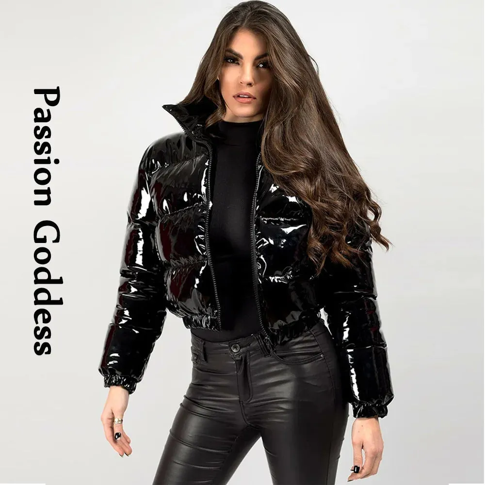 cold weather outfits Joskaa Winter Women Shiny PVC/Vinyl Down Jackets Short Puffer Bomber Jacket Bright Leather PU Cropped Parkas Down Warm Zipper Outcoats