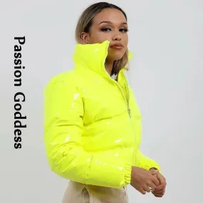 cold weather outfits Joskaa Winter Women Shiny PVC/Vinyl Down Jackets Short Puffer Bomber Jacket Bright Leather PU Cropped Parkas Down Warm Zipper Outcoats