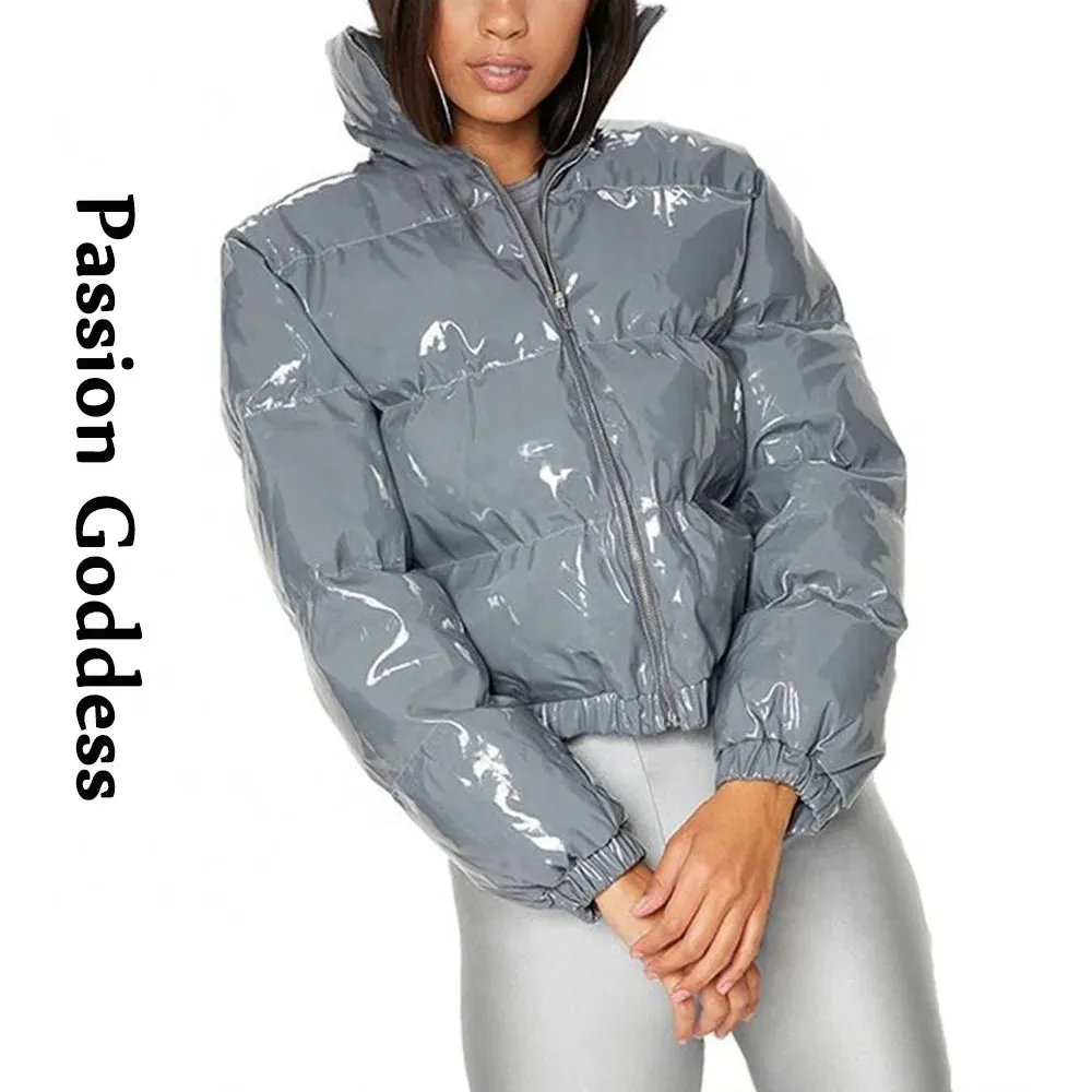 cold weather outfits Joskaa Women Shiny Gray PU Leather Down Puffer Jackets Winter Glossy Leather Bubble Coats Thick Parkas Down Zipper Puffy Jacket Parkas