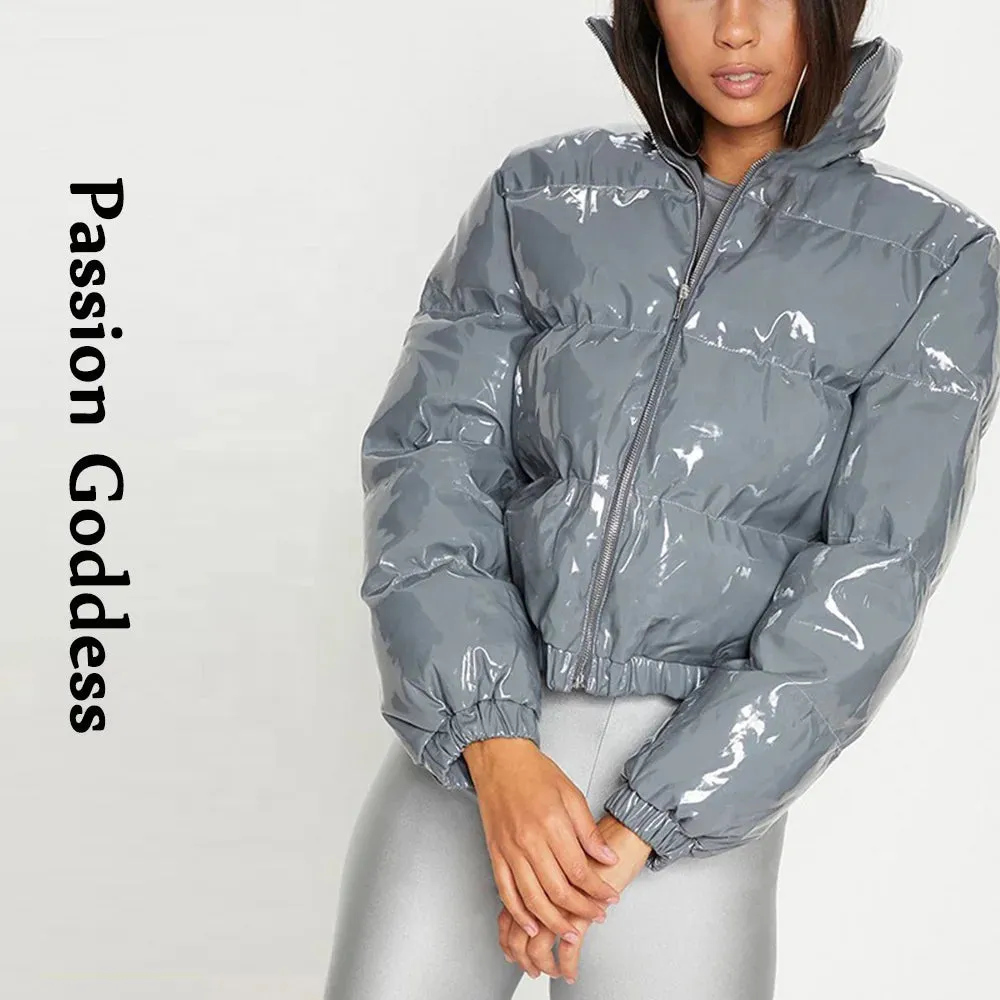 cold weather outfits Joskaa Women Shiny Gray PU Leather Down Puffer Jackets Winter Glossy Leather Bubble Coats Thick Parkas Down Zipper Puffy Jacket Parkas