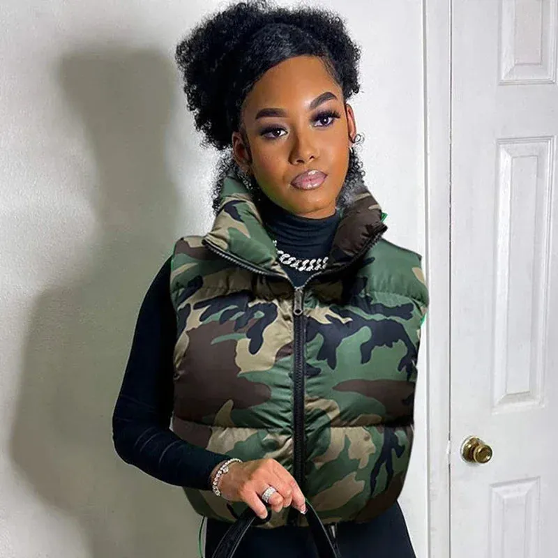 cold weather outfits Joskaa XXL Camouflage Puffer Jackets Vest Women Sleeveless Camo Bubble Coats Parkas Down Drawstring High Waist Vests Cotton Crop Parkas