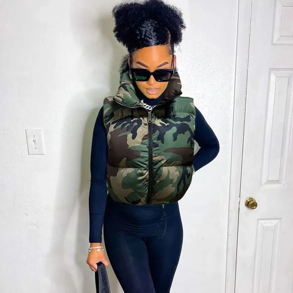 cold weather outfits Joskaa XXL Camouflage Puffer Jackets Vest Women Sleeveless Camo Bubble Coats Parkas Down Drawstring High Waist Vests Cotton Crop Parkas