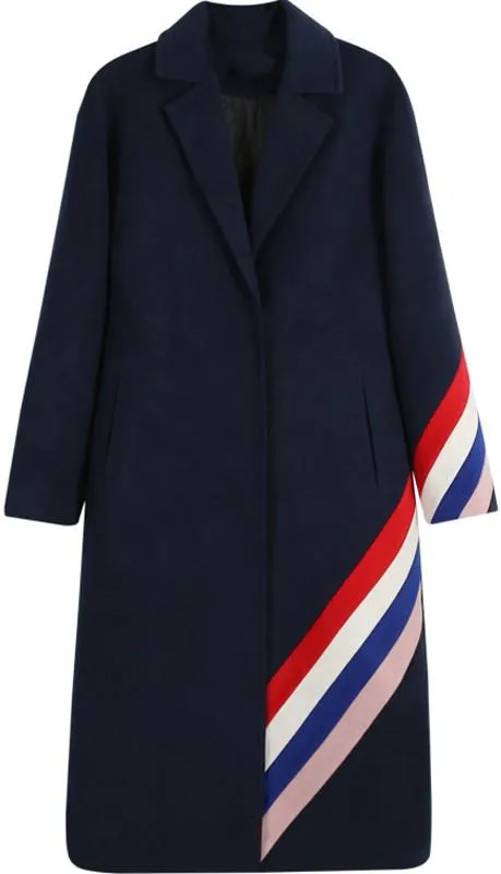 Color-Contrast Striped Wool-Blend Coat