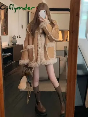 Cyflymder Winter Warm Overcoats Women Outwear Casual Y2k Office Lady Vintage Faux Fur Wool Coat Ladies Korean Fashion Khaki Jackets Chic