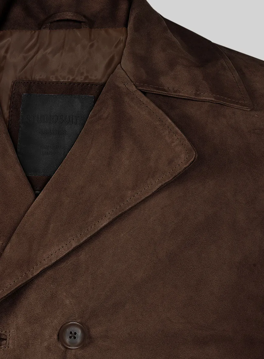 Dark Brown Suede Leather Pea Coat