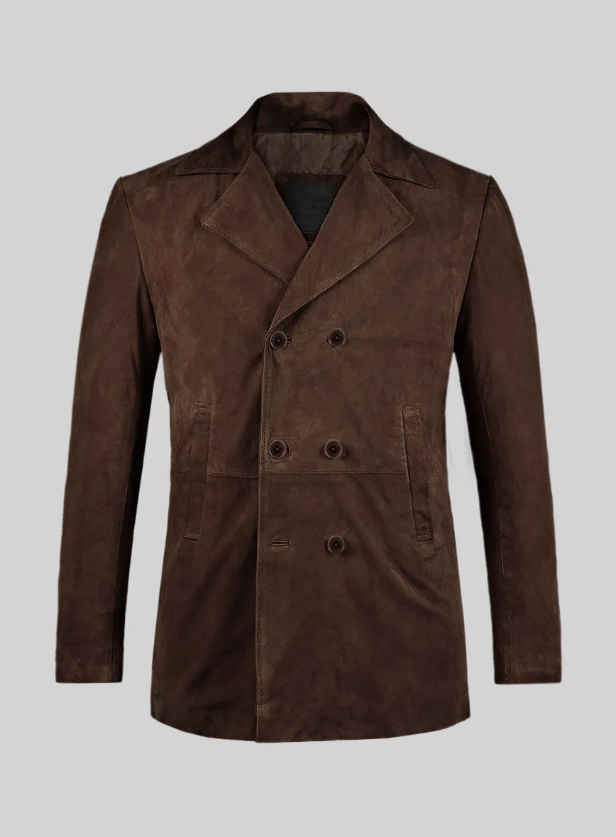 Dark Brown Suede Leather Pea Coat