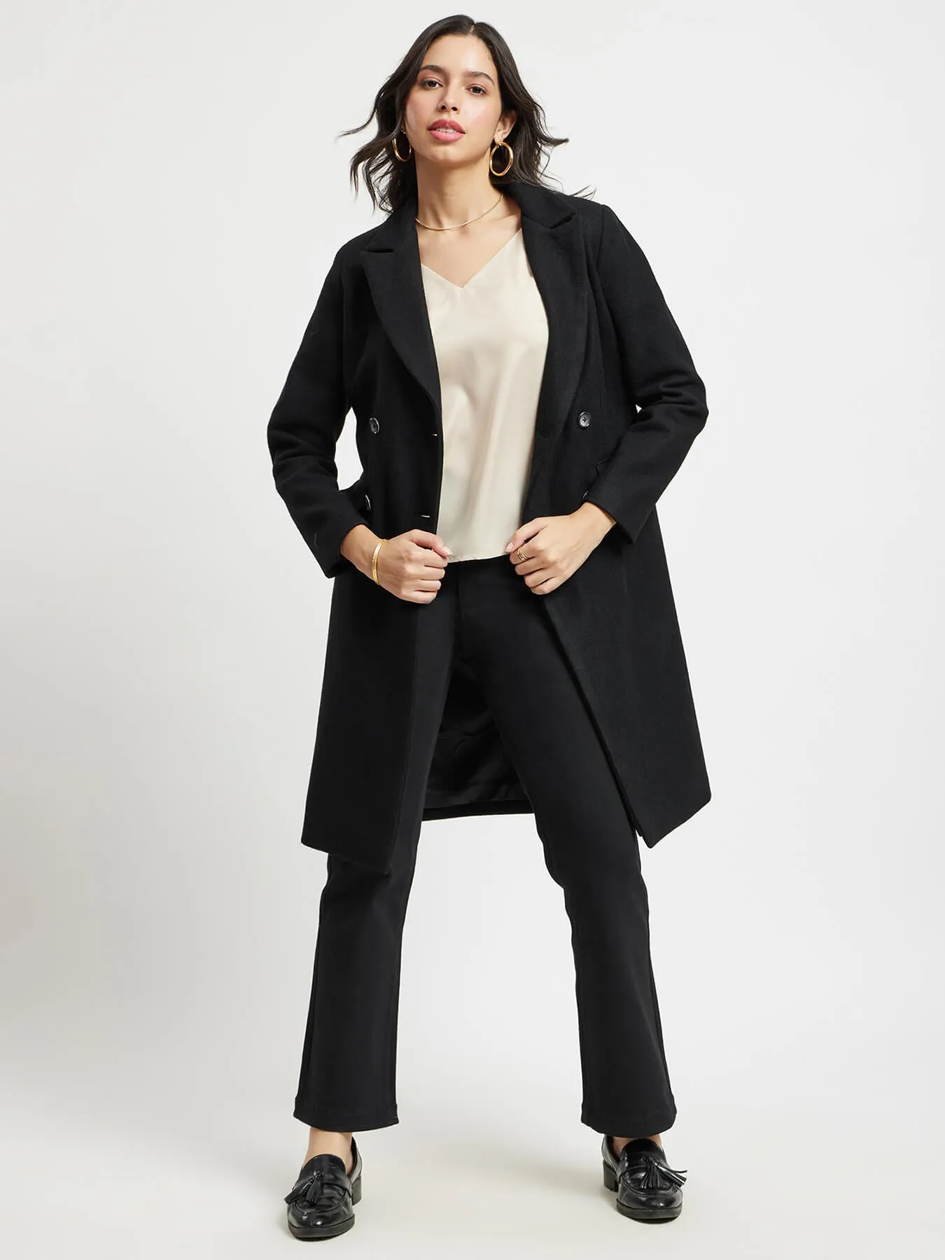 Double Breasted Felt Overcoat - Black