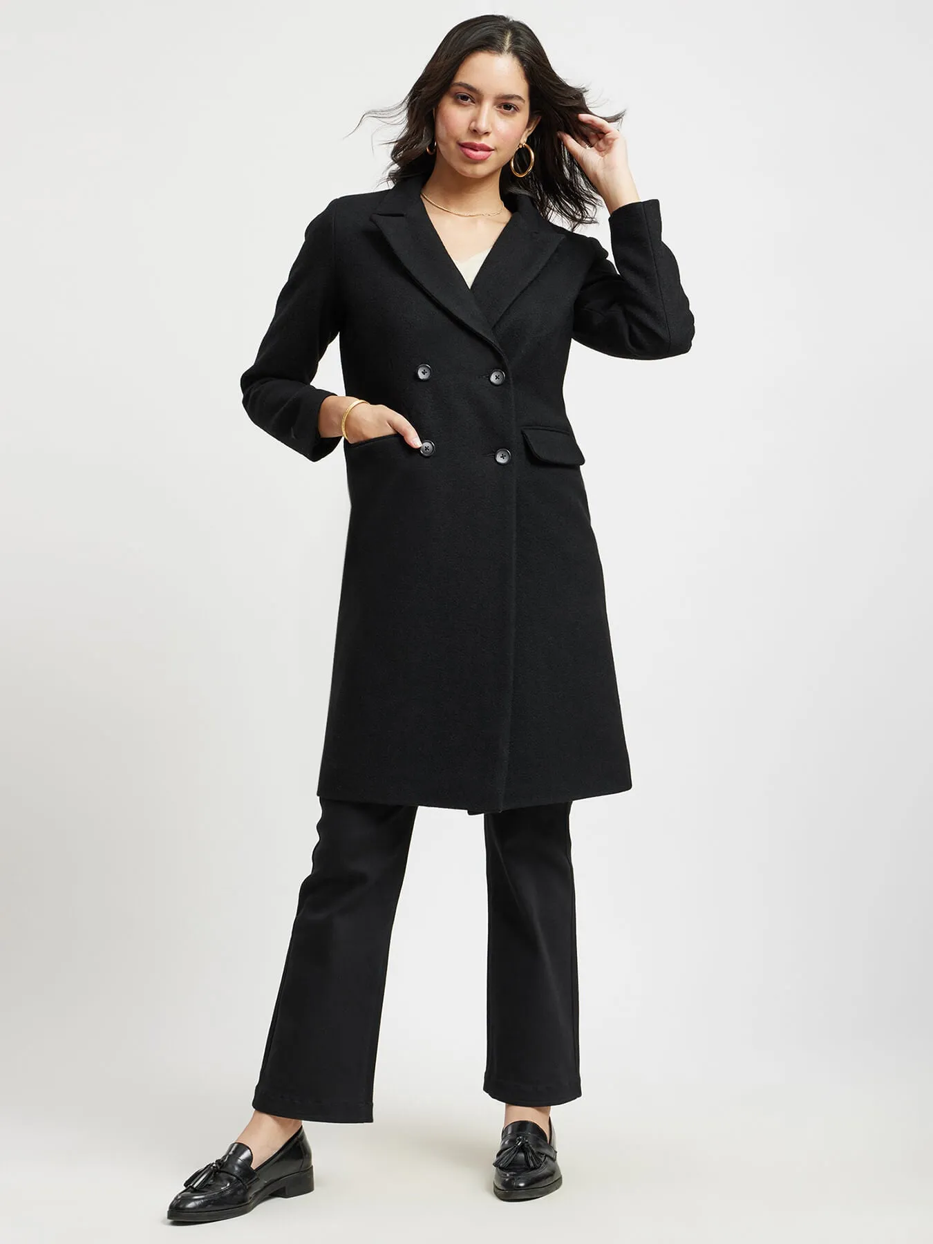 Double Breasted Felt Overcoat - Black