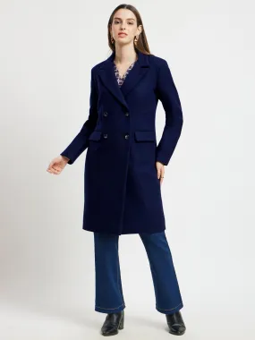 Double Breasted Winter Felt Overcoat - Navy Blue