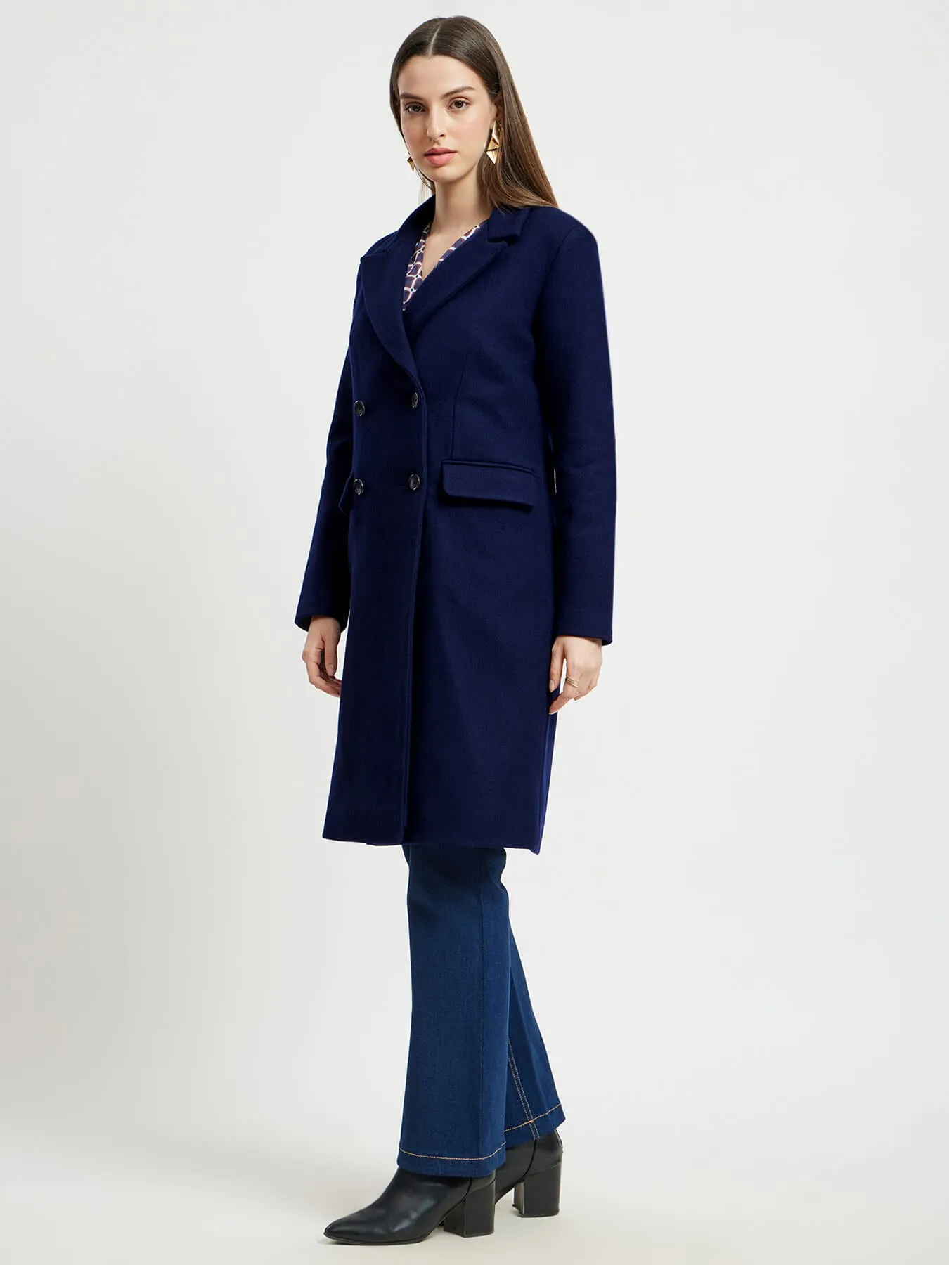 Double Breasted Winter Felt Overcoat - Navy Blue