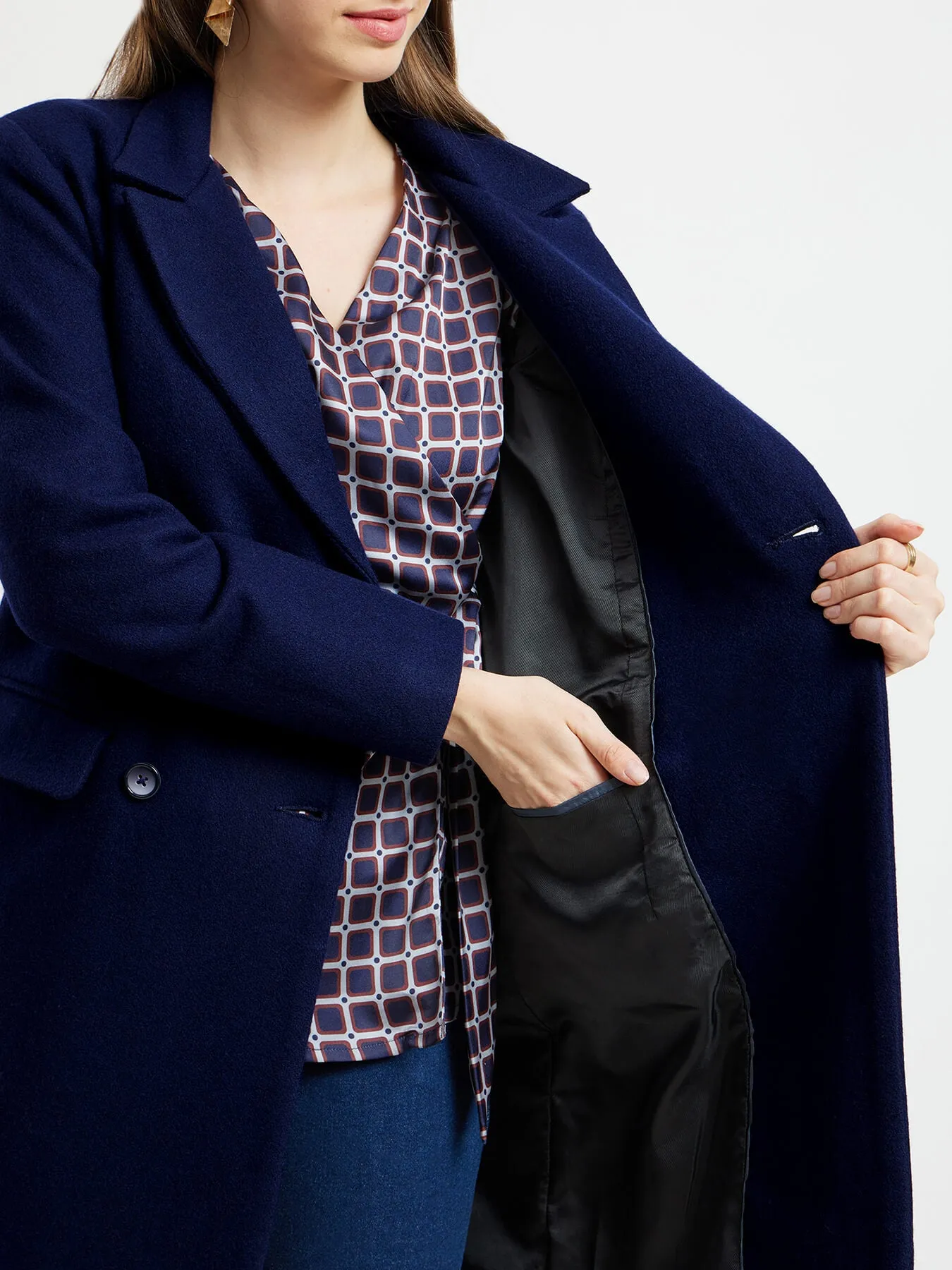 Double Breasted Winter Felt Overcoat - Navy Blue