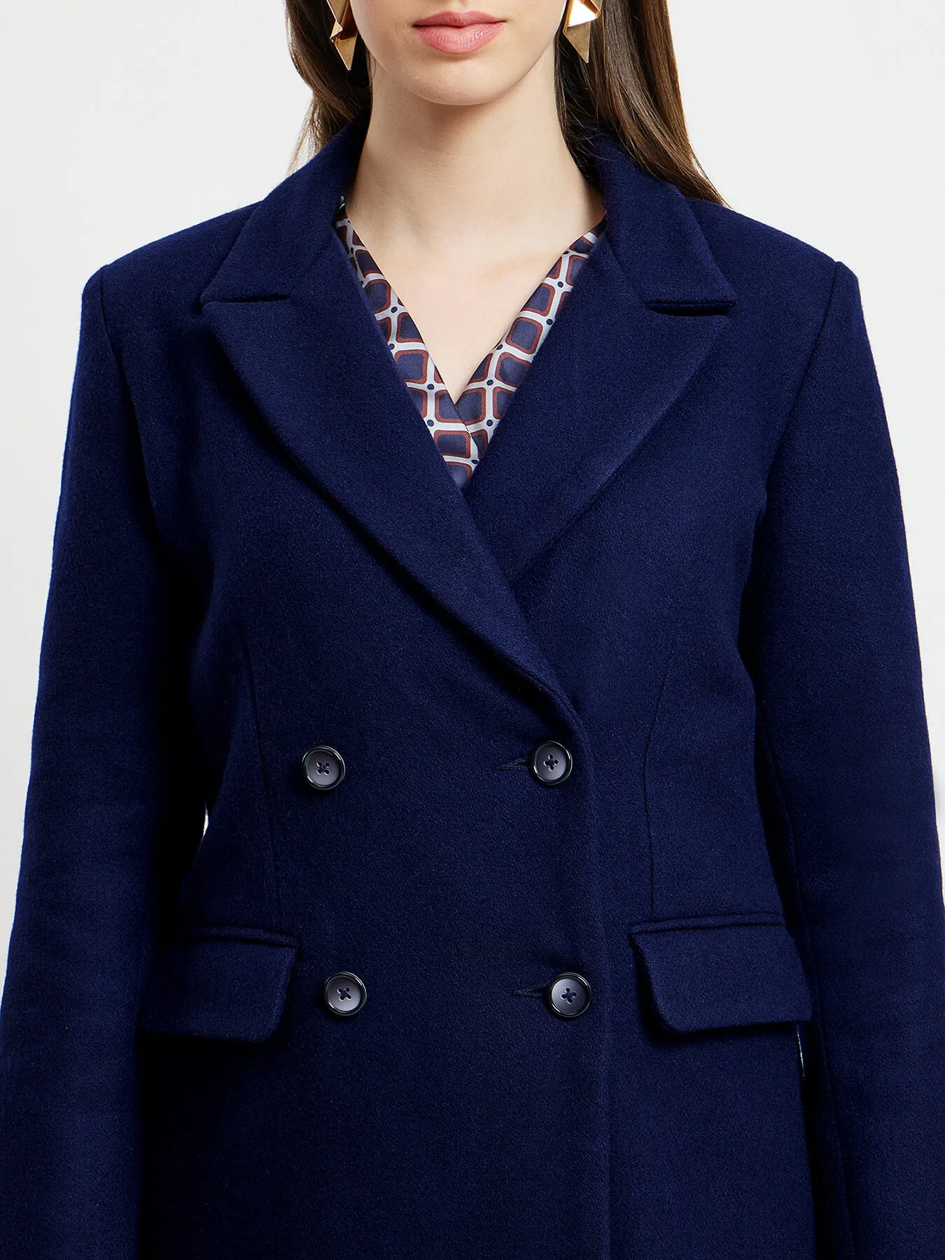 Double Breasted Winter Felt Overcoat - Navy Blue