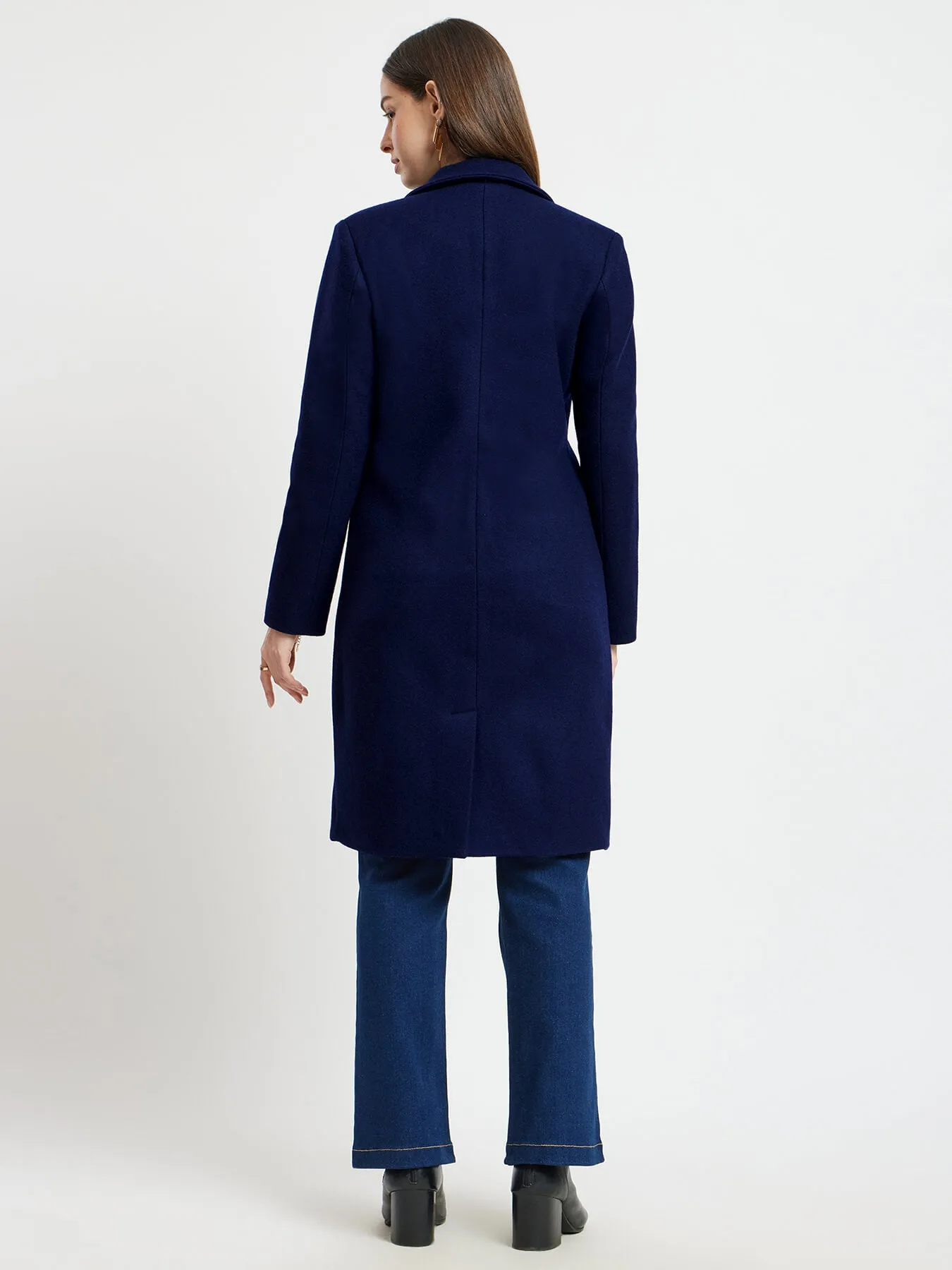 Double Breasted Winter Felt Overcoat - Navy Blue