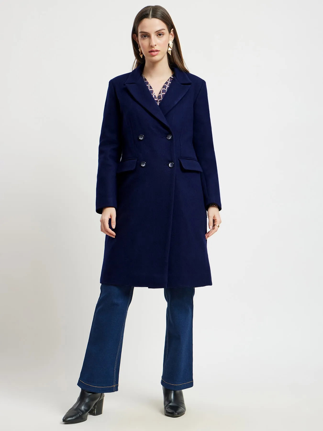 Double Breasted Winter Felt Overcoat - Navy Blue