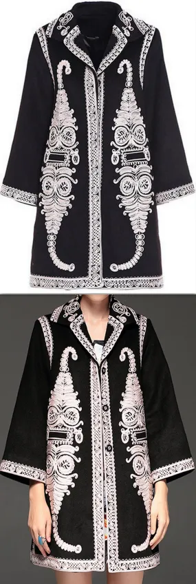 Embroidered Jacquard Coat, Black