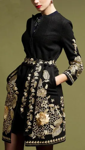 Gold-Embellished Wool Coat in Black