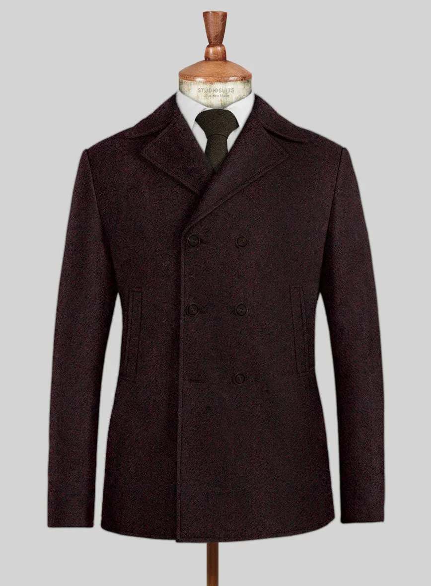 Highlander Heavy Wine Herringbone Tweed Pea Coat