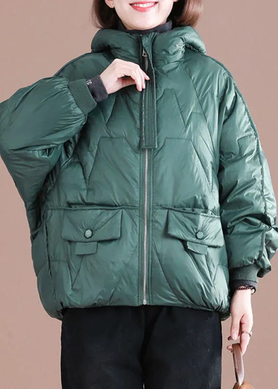 Italian Green Zip Up Oversized Hooded Duck Down Down Coat Winter