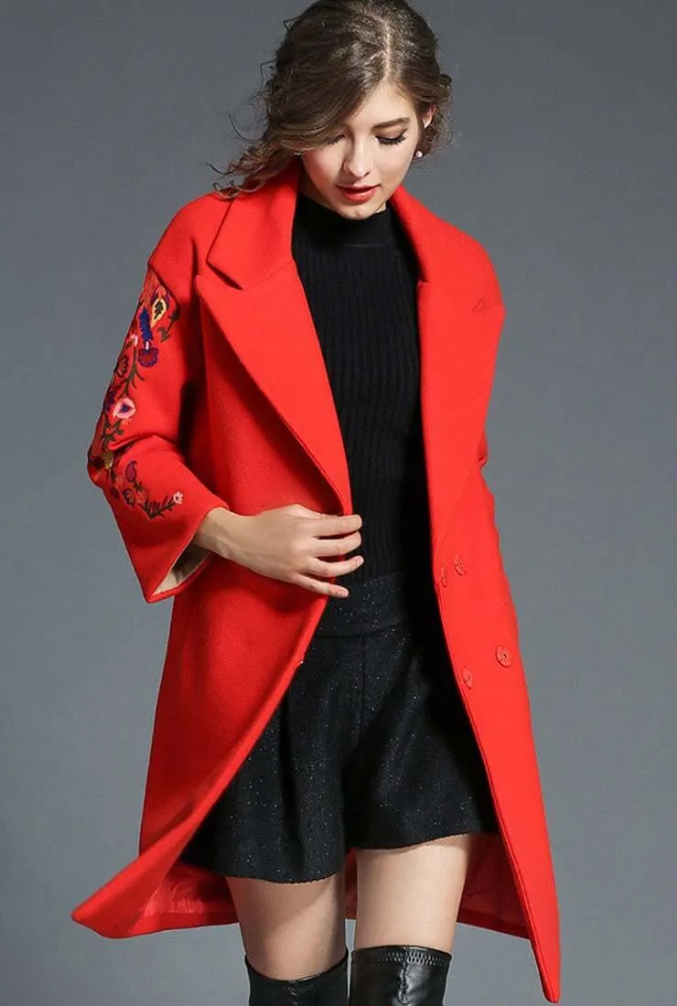 Lapel Collar Long Sleeve Embroidered Wool Coat