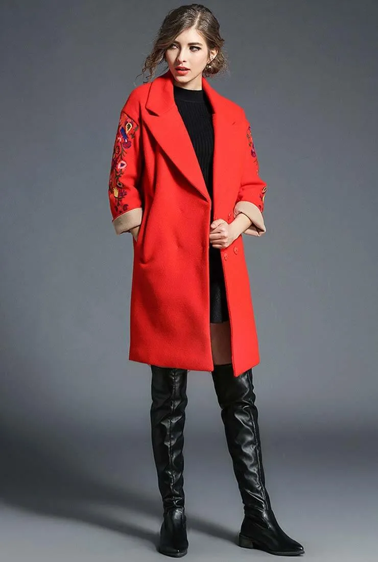 Lapel Collar Long Sleeve Embroidered Wool Coat