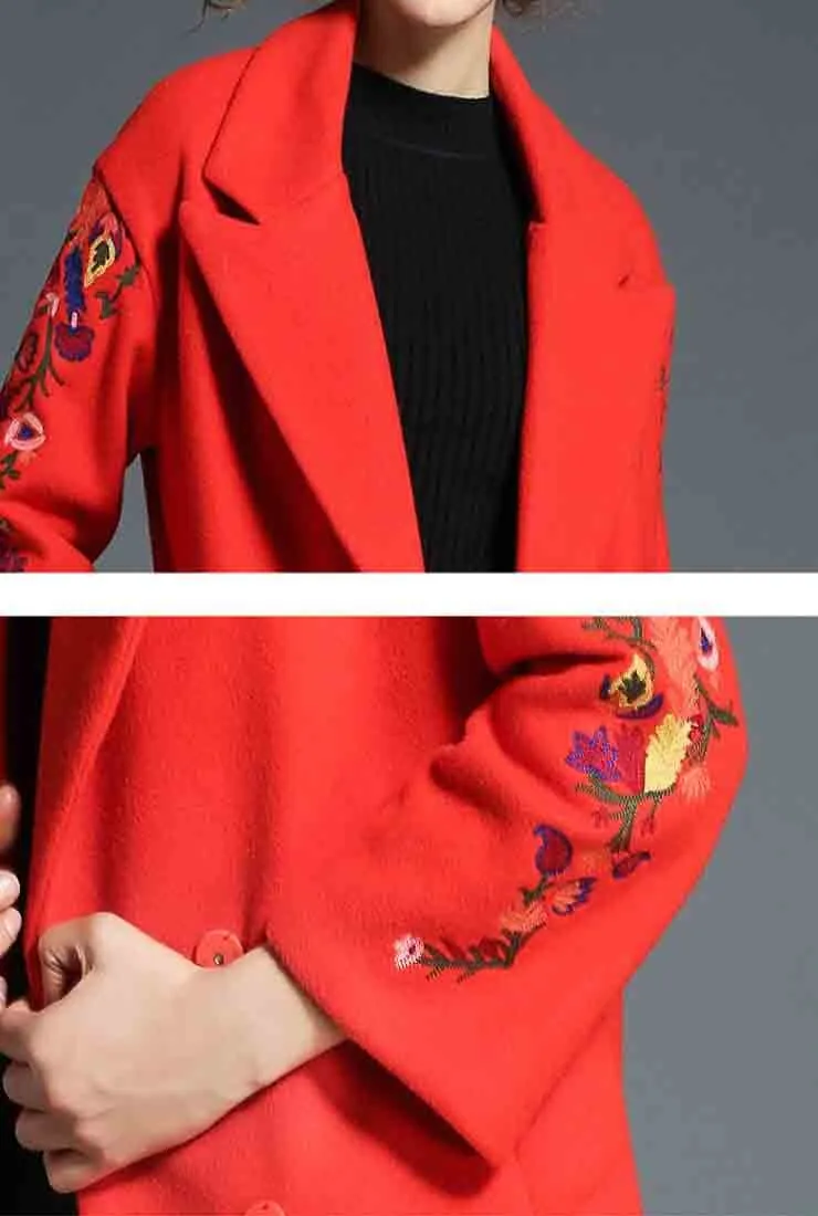 Lapel Collar Long Sleeve Embroidered Wool Coat