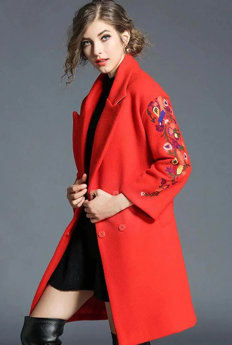 Lapel Collar Long Sleeve Embroidered Wool Coat