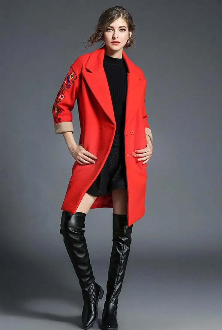 Lapel Collar Long Sleeve Embroidered Wool Coat