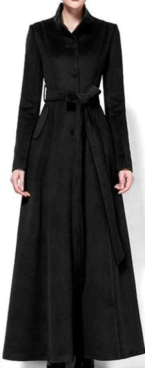 Long Single-Breasted Cashmere & Wool Blend Coat, Black