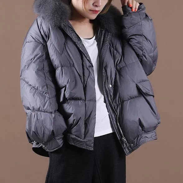 Luxury gray down jacket woman Loose fitting winter fur collar zippered hooded New Jackets