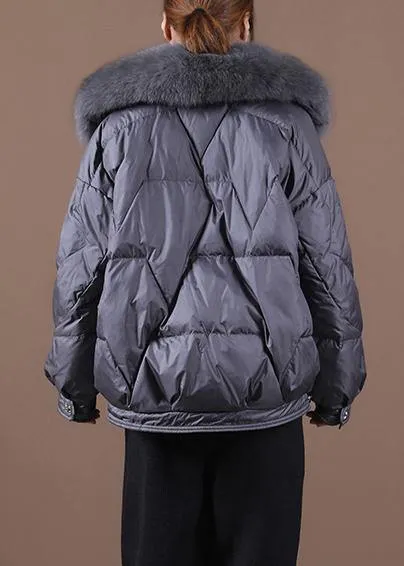 Luxury gray down jacket woman Loose fitting winter fur collar zippered hooded New Jackets