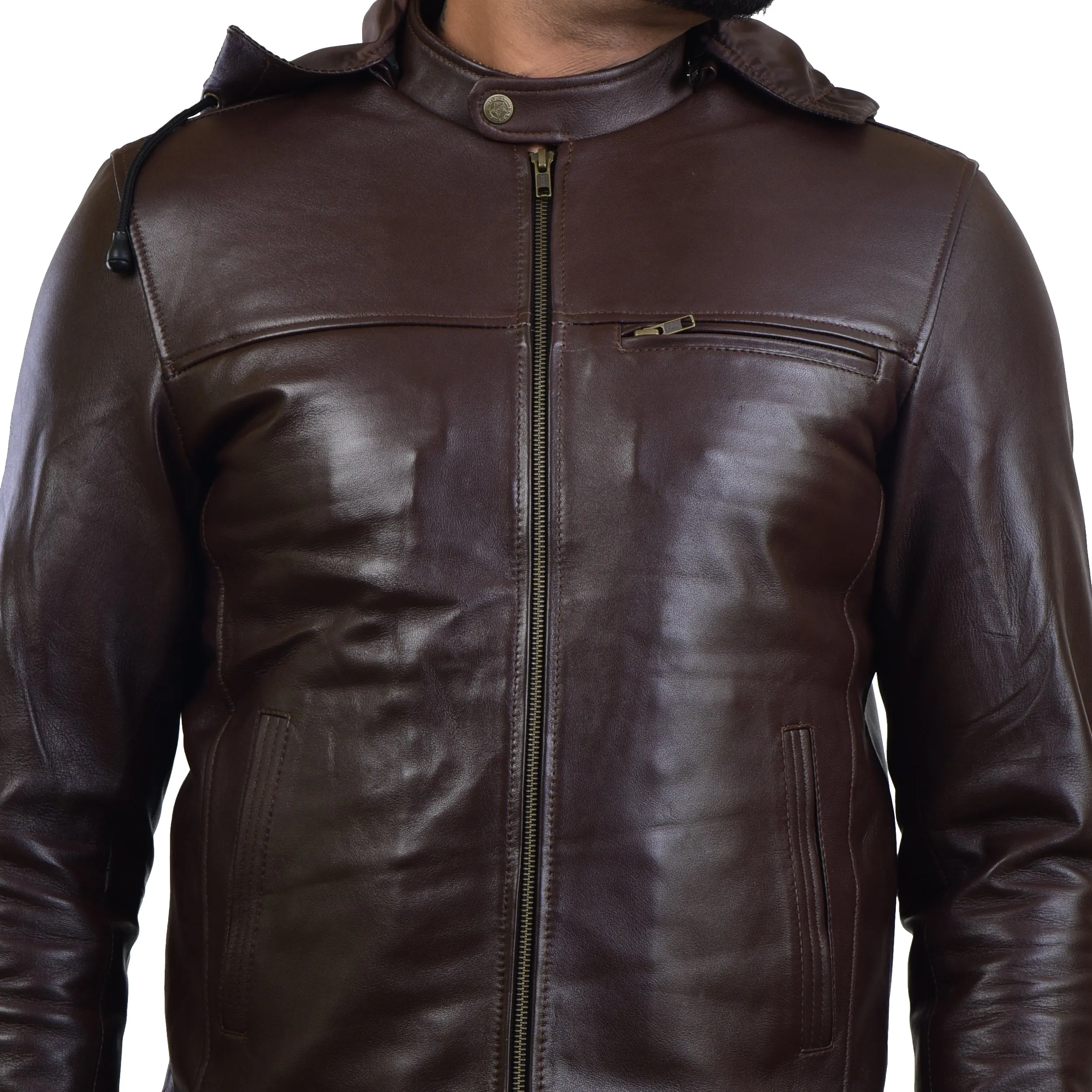 MENS LEATHER HOODED JACKET 410139(BROWN)