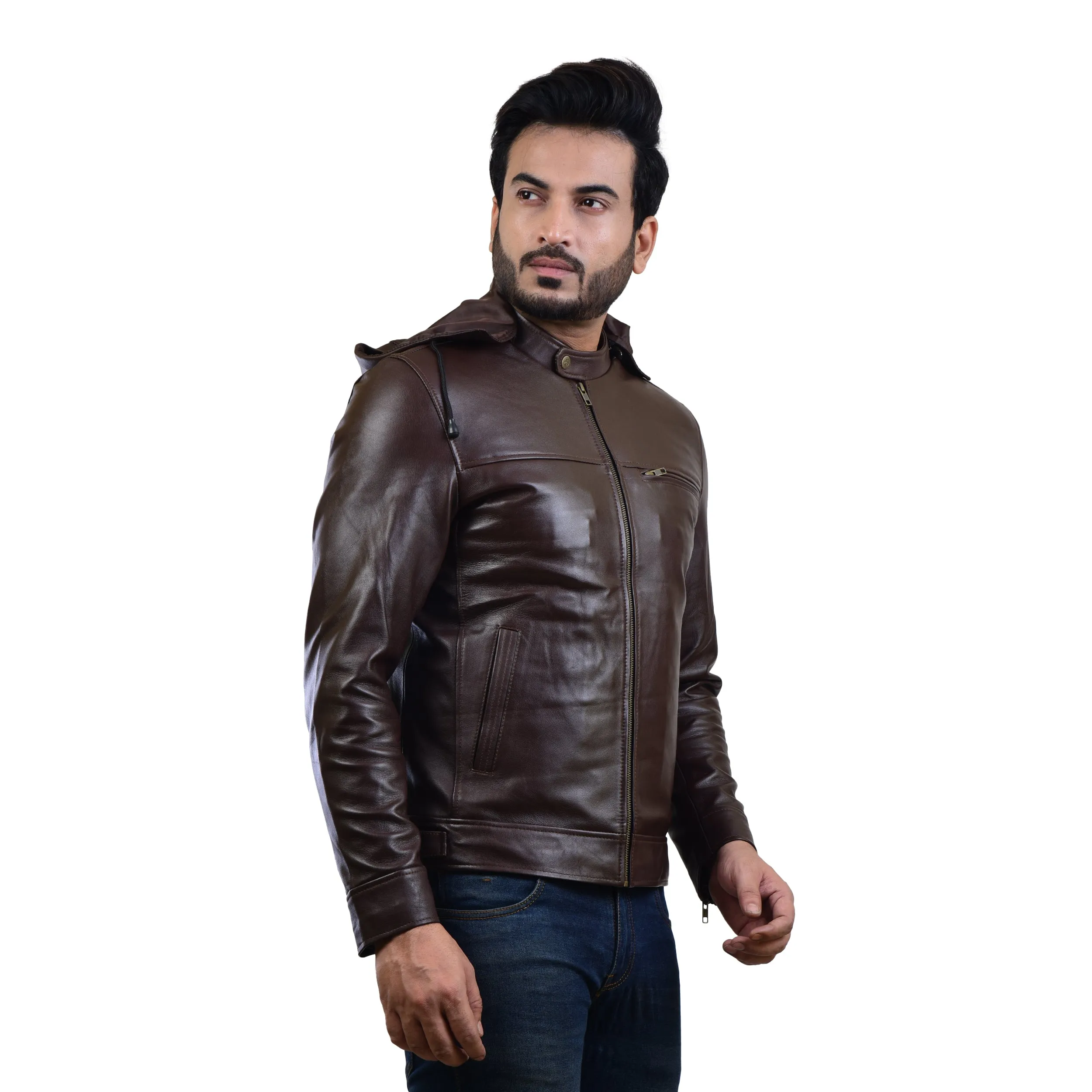 MENS LEATHER HOODED JACKET 410139(BROWN)