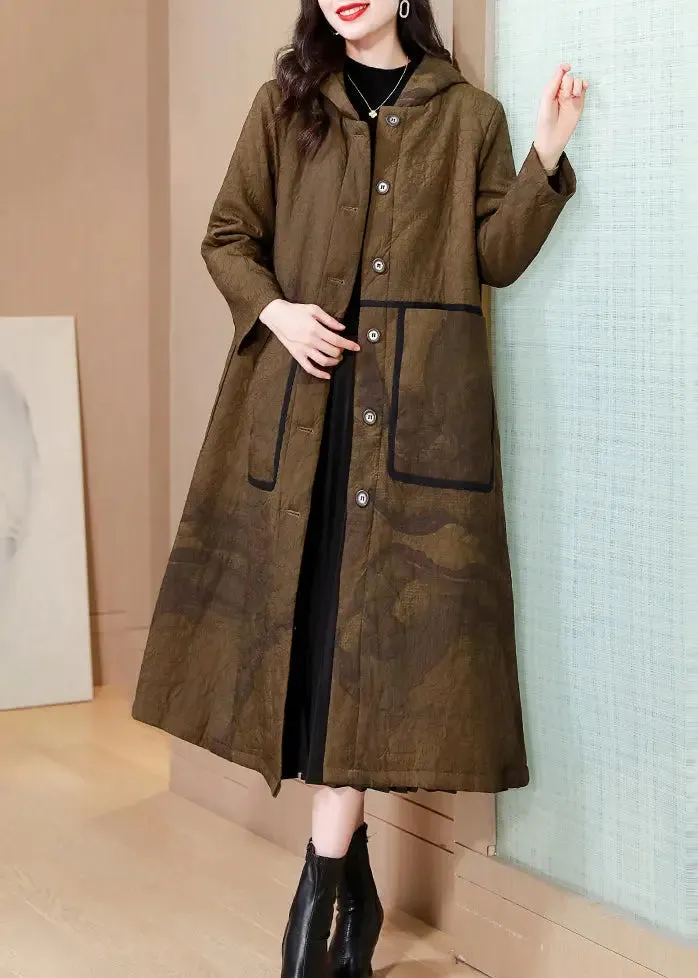 Modern Yellow Hooded Pockets Fine Cotton Filled Womens Coat Winter ML2771