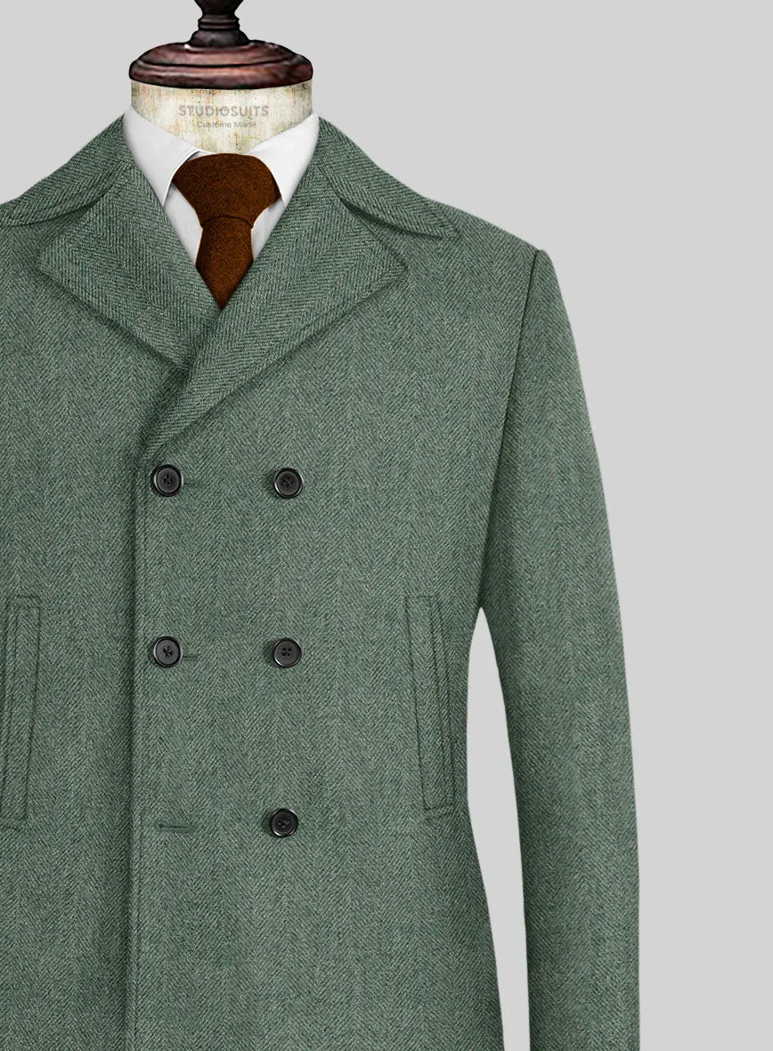 Naples Wide Herringbone Sage Green Tweed Pea Coat