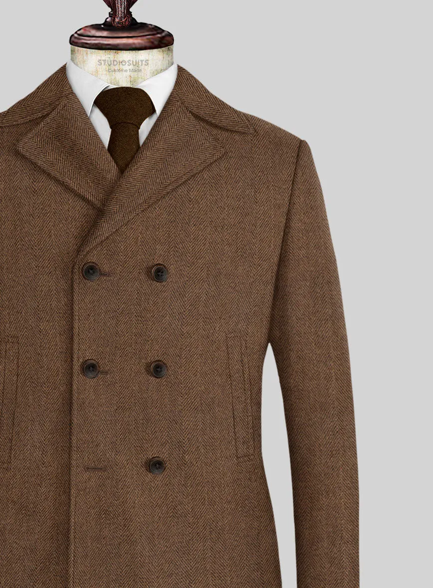 Naples Wide Herringbone Tan Tweed Pea Coat