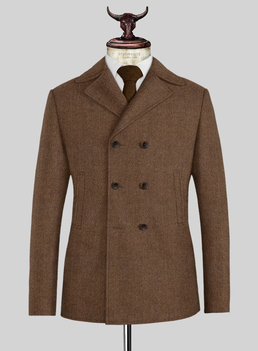 Naples Wide Herringbone Tan Tweed Pea Coat