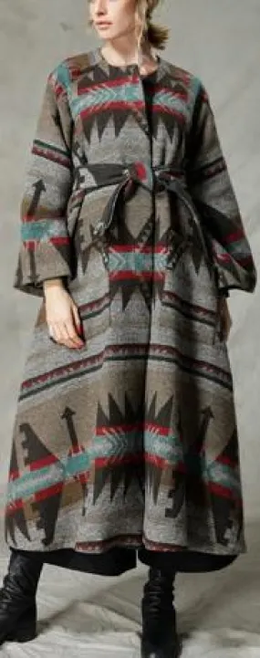 Native Print Long Wool Coat